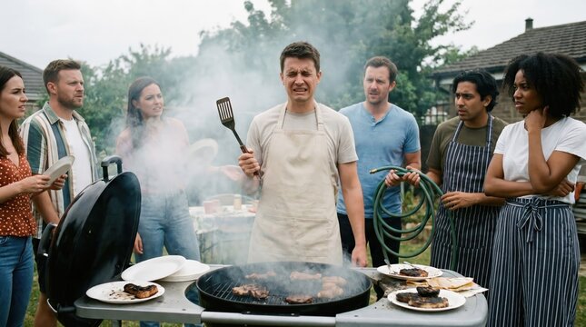 Stressed young man grilling food at backyard barbecue party with friends feeling overwhelmed by smoke and cooking failure