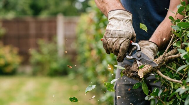 Professional gardener pruning hedge with secateurs in garden, close up of hands wearing work gloves trimming shrub branches