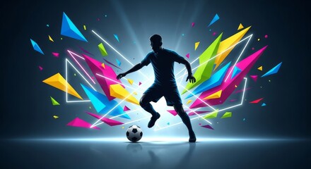 Obraz premium Dynamic silhouette dribbling a soccer ball through vibrant abstract geometric shapes and neon lines in a high energy tournament atmosphere, creative, background, poster