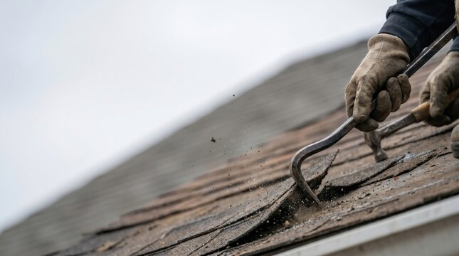 Construction worker removing old asphalt roof shingles with a pry bar during a residential home renovation project