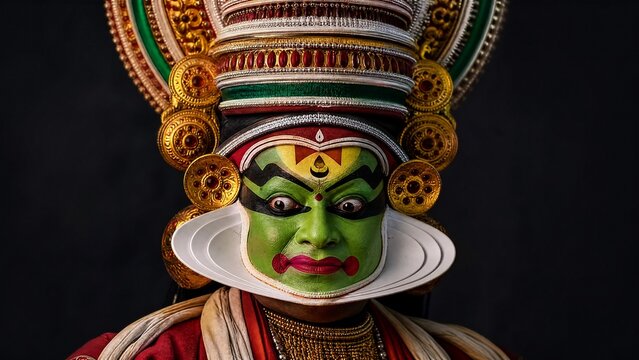 A detailed and colorful Kathakali dance mask with exaggerated expression.