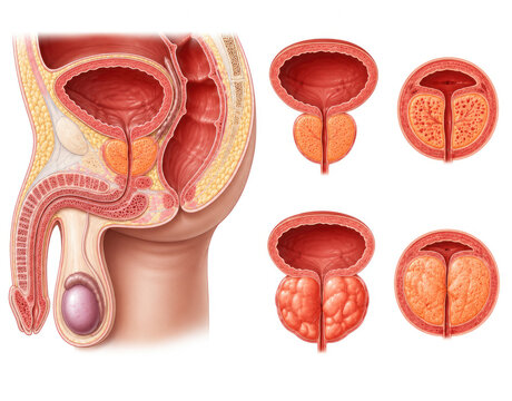 Benign Prostatic Hyperplasia Anatomy Illustration with Normal and Enlarged Prostate Comparison