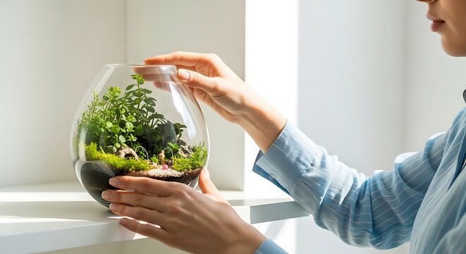 Closeup of a womans hands holding a glass terrarium with small plants, moss, and miniature figurines on a white shelf