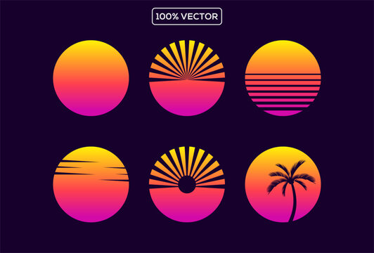 Retro sunset from 80s. Vintage 80s neon sun collection. Abstract cyberpunk sun template in gradient. vector template illustration