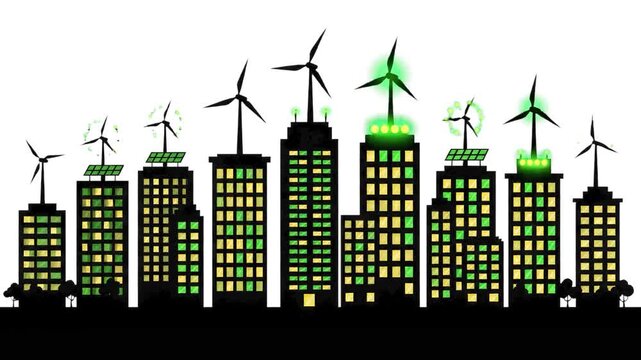 A 2D flat vector animation showing modern skyscrapers at night with rotating wind turbines on top, shining with green eco-friendly energy. Seamless loop on a white background.