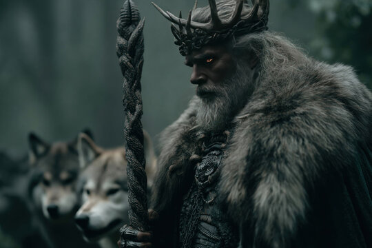 Veles Inspired Slavic Forest God with Wolves and Ritual Staff