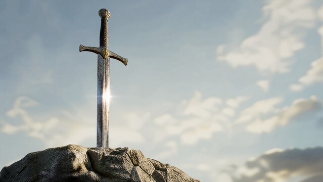 A weathered longsword plunged into a craggy rock, sunlight glinting.