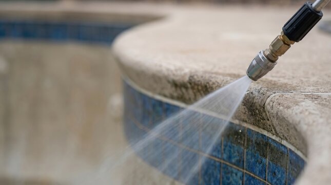 Pressure Washing Swimming Pool Coping and Tile Cleaning Maintenance Service for Residential Backyard Swimming Pools