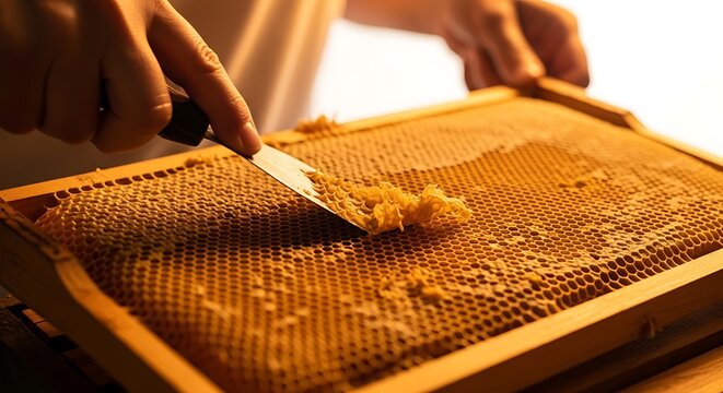 Closeup of a beekeeper uncapping a honeycomb frame with a metal knife to harvest fresh organic honey in an apiary