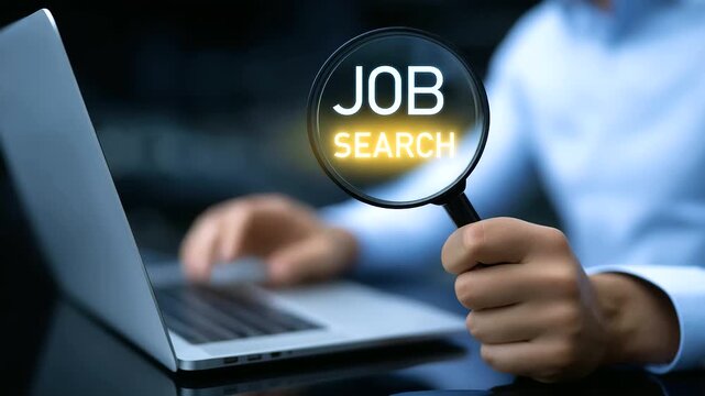 Magnifying glass highlighting job search text on laptop, recruitment and career opportunity concept, online hiring platform, professional HR technology, realistic business stock