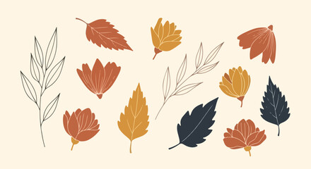 Fototapeta premium Autumn Leaves and Flowers. Botanical Illustration. Hand-drawn Style. Textured. Vector Elements.