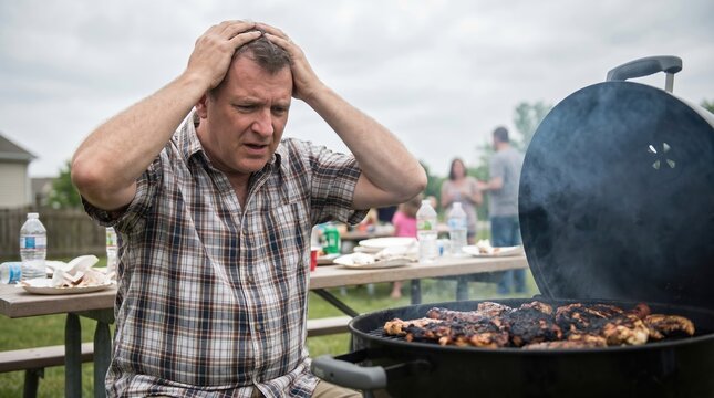 Stressed Middle Aged Man Burning Meat on Backyard Grill During Outdoor Summer Party Concept