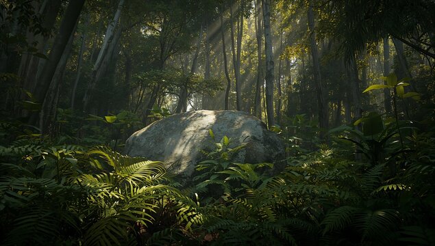 Lush forest scene with a large flat rock illuminated by sunlight