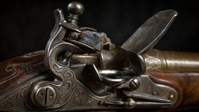 Close-up detail of ornate flintlock pistol focusing on flint against frizzen.