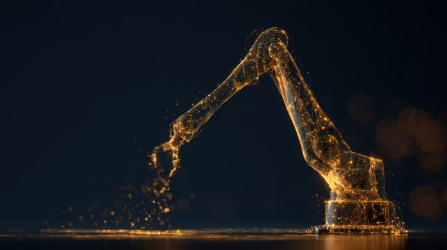 Light filaments form robotic arms that sort and complete tasks on a dark holographic surface in a mix of navy and gold colors.