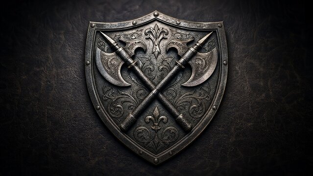 Heraldic shield emblem with crossed polearms on leather background.