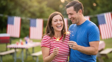 Obraz premium Happy Young Adult Couple Holding Sparklers Celebrating Outdoors at a Summer Backyard Party with Patriotic Decor