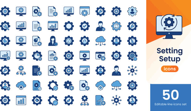 Technical setting and option preference icon set. Blue vector illustration of filled outline gear symbols for software setup, website optimization, user profiles management, and system configuration.