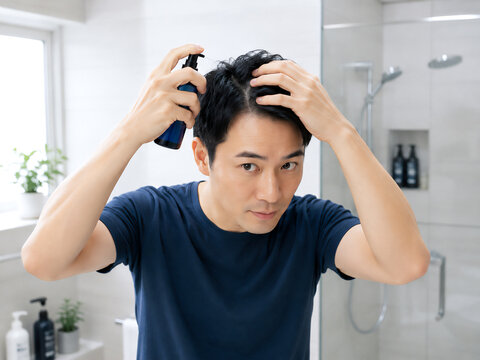 洗面所で育毛ケアを行う男性｜発毛・スカルプケアのイメージ