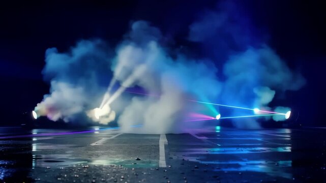 Dynamic stage lighting with colorful smoke and beams illuminating a wet reflective surface at night