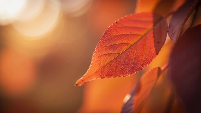 Autumn Leaf Glow: A single vibrant red leaf, detailed with delicate veins, catches the warm golden light of sunset, hinting at the changing season.
