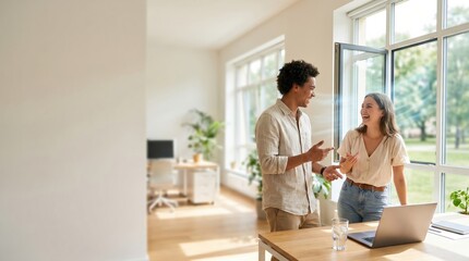 Obraz premium Diverse Young Couple Collaborating on Laptop in Bright Modern Home Office Workspace