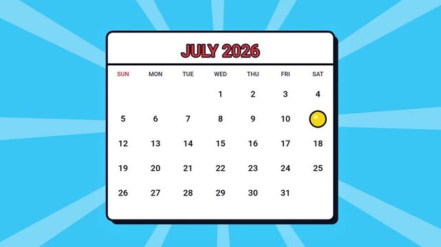 Animated July 2026 calendar with a yellow marker moving through dates