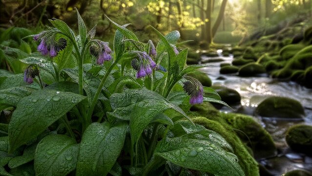Comfrey plants with purple flowers growing by a mossy stream, morning light.