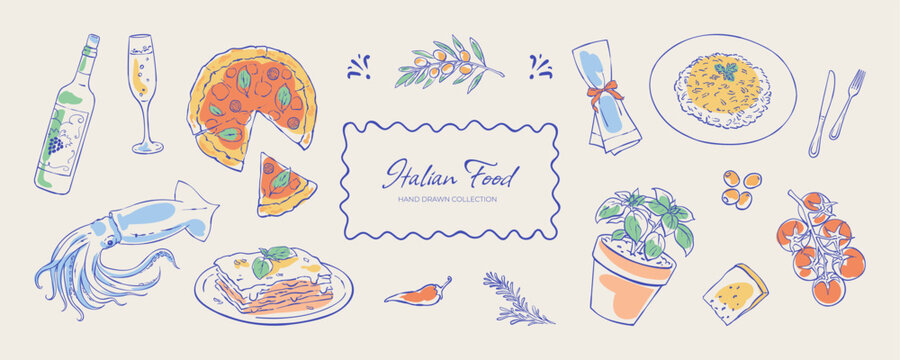 Italian brunch food doodle set with pizza, lasagna, risotto and seafood on white background. Handdrawn italian sketch illustration and icon elements for menu, restaurant cafe design in watercolor
