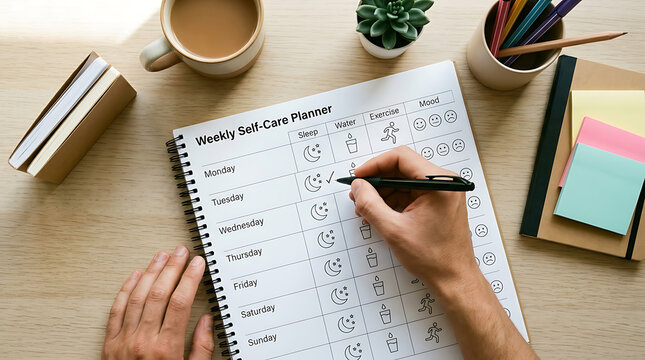 Person filling out a weekly self care planner tracking sleep water exercise and mood with a pen on a wooden desk