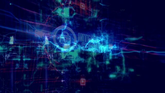 Futuristic glowing lock and key graphic with 'INTERNET SECURITY' text amidst abstract digital lines. Illustrates web security, digital keys, and online safety.