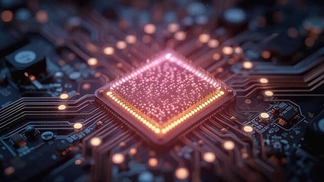 Glowing microchip circuit board with illuminated traces and warm neon highlights and futuristic