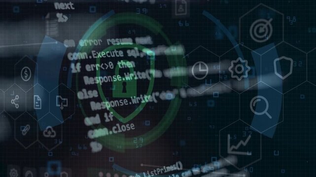 Hexagonal digital interface with tech icons, green shield, and computer code. Represents software development, system architecture, and tech security.