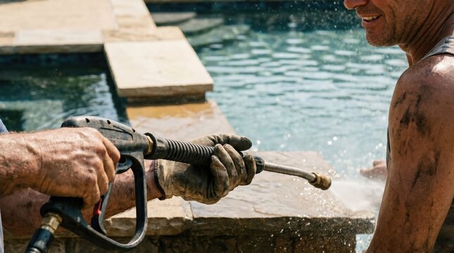 Professional Pressure Washing Pool Deck Cleaning Service by Caucasian Man in Summer