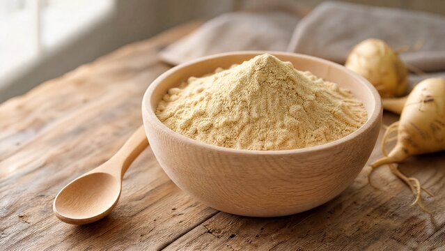 A shallow wooden bowl filled with fine pale yellow maca powder and a spoon.