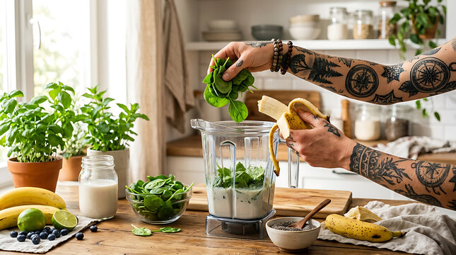 Tattooed hands preparing a healthy green smoothie with spinach banana and blueberries in a modern kitchen