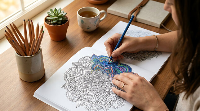 Woman coloring a mandala in an adult coloring book with colored pencils and a cup of tea on a wooden desk