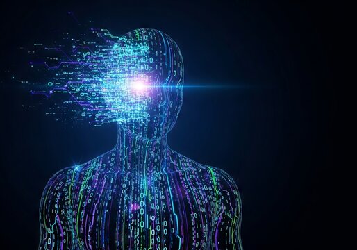 An upper torso silhouette with a cranial section fragmenting into glowing digital data streams and binary code against a dark background, technology, flow, energy