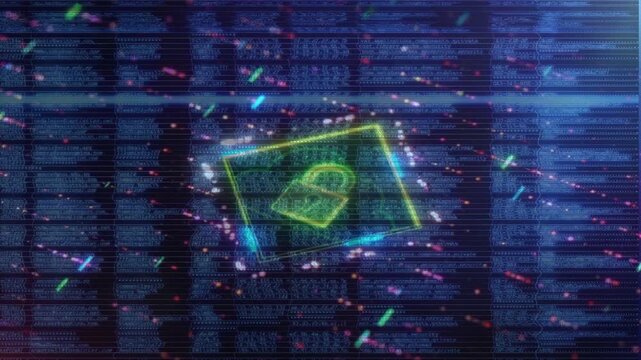 Glowing digital lock hovering over blue scrolling computer code and colorful particles. Represents cybersecurity, data encryption, and secure programming.