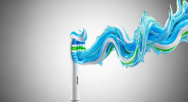 Close-up of a modern toothbrush where minty blue paste morphs into a twisting crystalline sculpture with swirling textures and fluid lines, toothbrush, twisting, sculpture