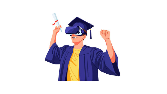 Virtual Reality Graduation Concept: Student in Gown Wearing VR Headset and Holding Diploma