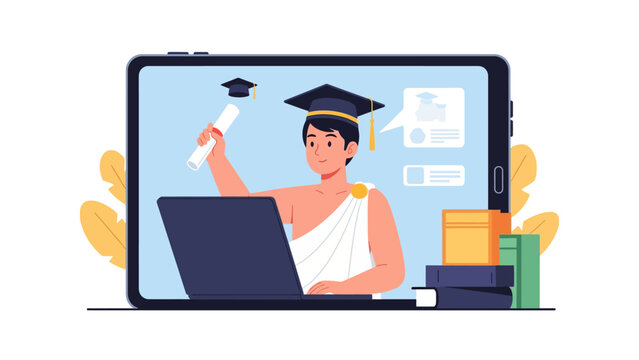 Online Virtual Graduation and E-Learning Illustration with Student in Toga