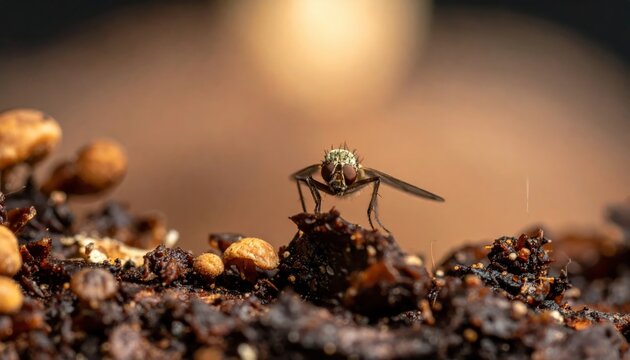 Tiny Fungus Gnat Perched on Decaying Organic Matter in Close-Up Macro