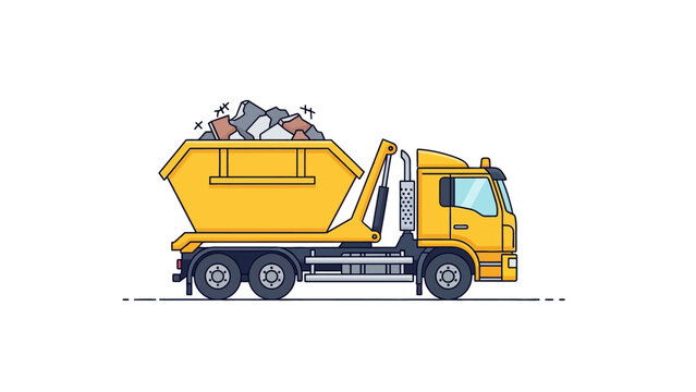 Yellow Skip Loader Truck with Construction Waste Container Vector Illustration
