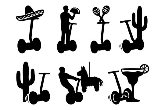 Whimsical black silhouette icons combining Segways, fiesta, and desert themes.