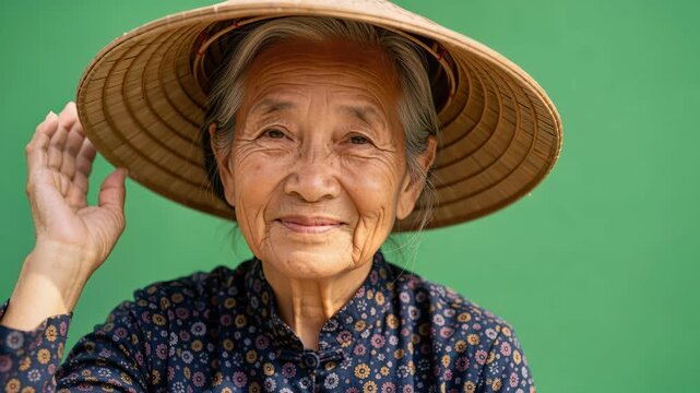 Elderly Woman with Conical Hat: A serene elderly woman, adorned with a traditional conical hat, gazes thoughtfully forward, her weathered face reflecting a lifetime of experience and wisdom.