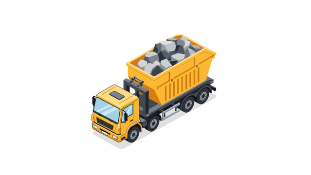 Isometric yellow hook lift truck hauling stones. Isolated heavy machinery for construction and logistics visuals.