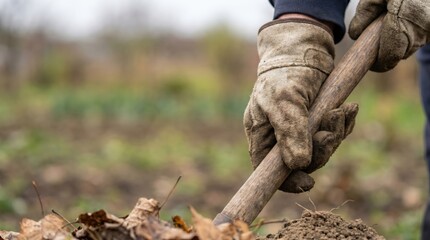 Obraz premium Gardener digging soil with shovel in autumn garden, close up of hands in work gloves preparing ground for planting or seasonal maintenance