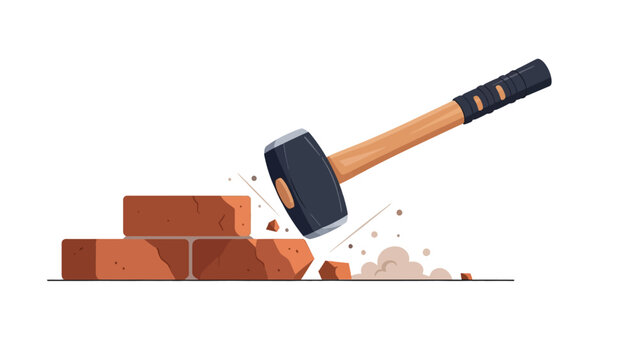 Vector illustration of a sledgehammer smashing red bricks symbolizing demolition and breaking barriers