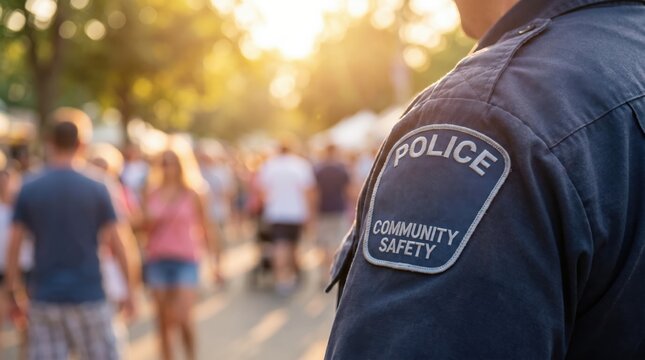 Police Officer Shoulder Patch at Public Event Representing Community Safety and Law Enforcement Patrol Services